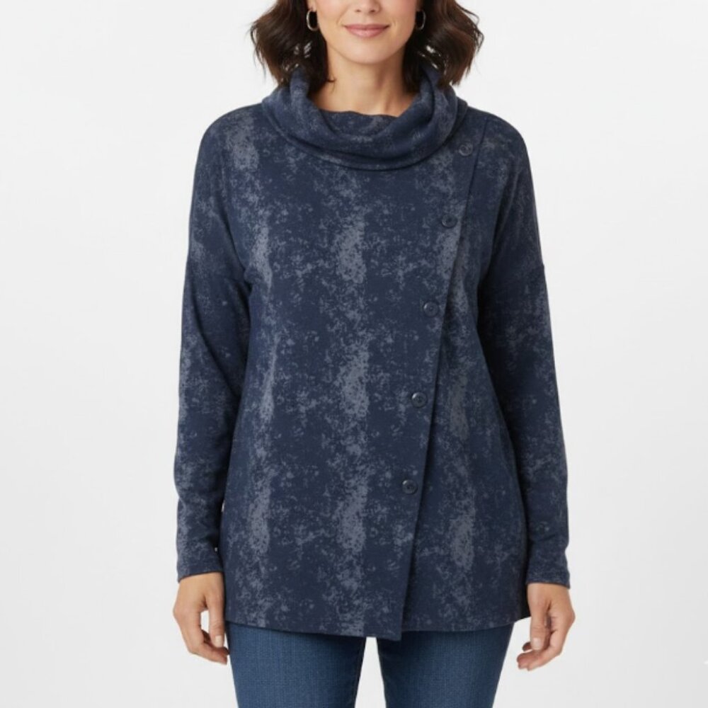 E.L.I Blue Tie Dye Super Soft Pima Cotton Cowl Neck Stretch Top Small